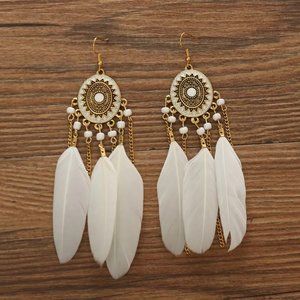 Bohemian Southwestern Beaded Feather Tassel Gold & White Inlay Drop Earrings NEW